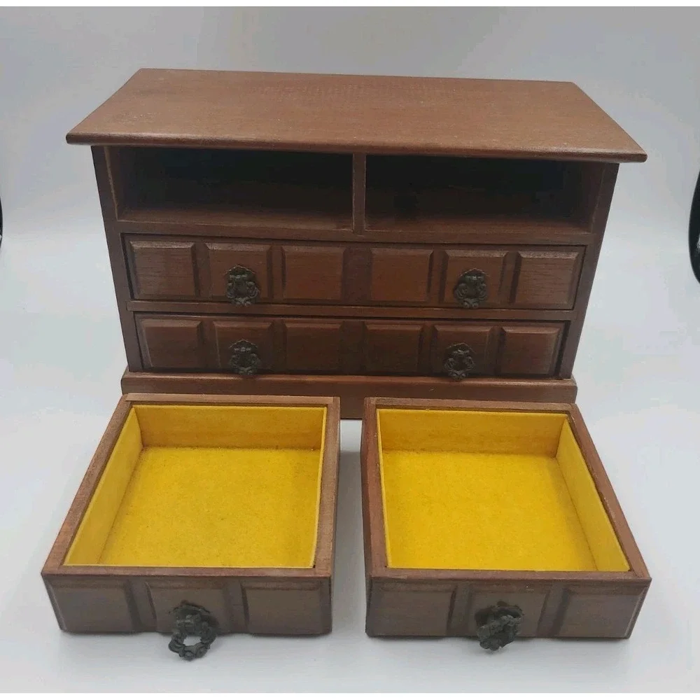 Vintage Wood 4 Drawer Gold Velvet Lined Jewelry Box